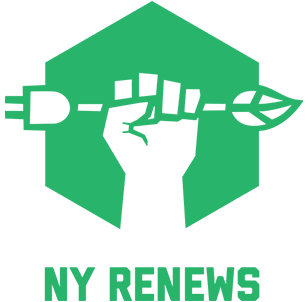 Logo for NY Renews - Green color with raised hand holding an arrow made up of an electrical plug on the left and a leaf on the right.