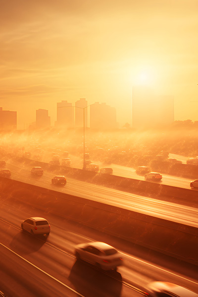 Heavy traffic in the foreground with hot sun setting over smoggy city in the background.