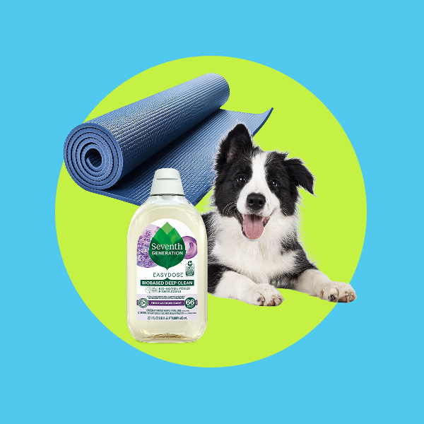 The Trendsetter - Seventh Generation Easy Dose bottle with yoga mat and puppy dog