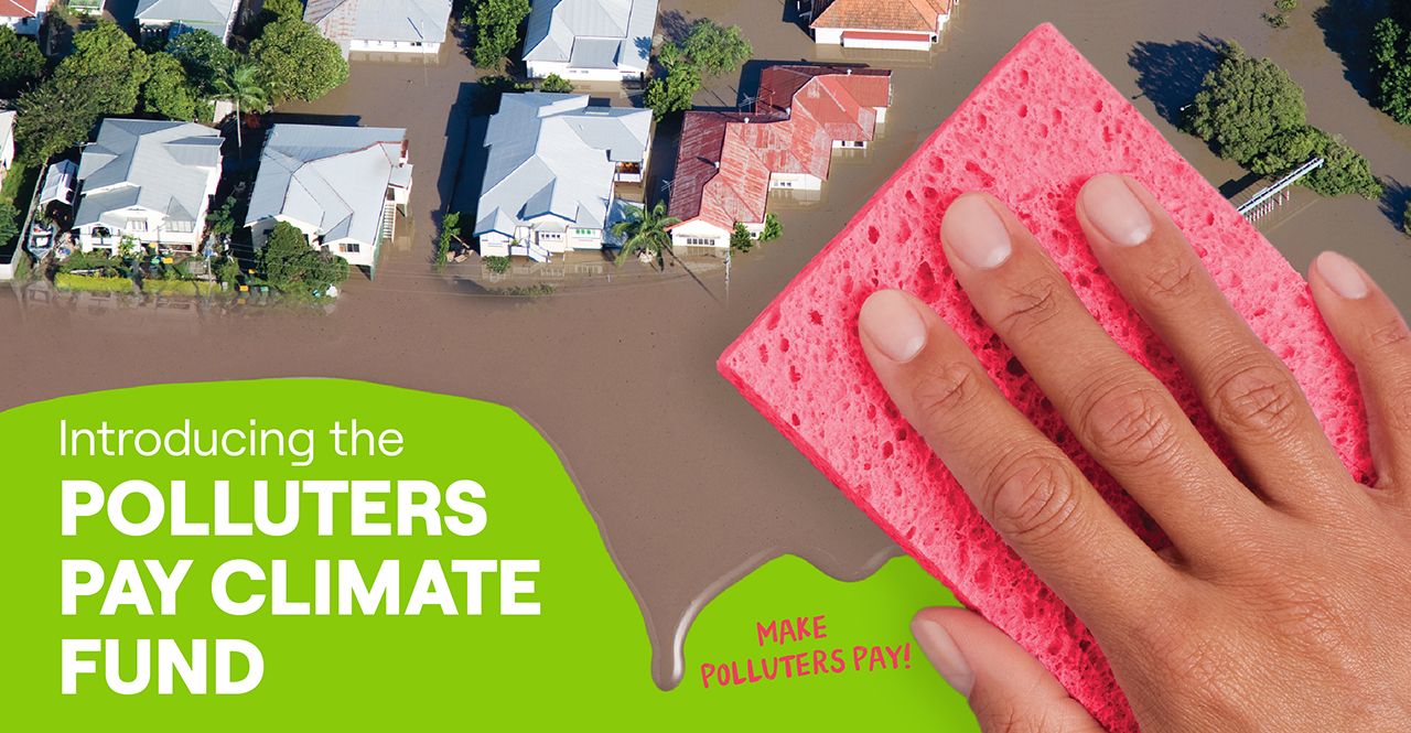 Hand holding a pink sponge absorbing neighborhood flood water. Message reads Polluters Pay Climate Fund